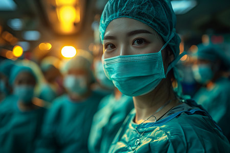 Operating Room With Surgery In Progress. Medical team performing surgical operation in bright modern operating roomの素材