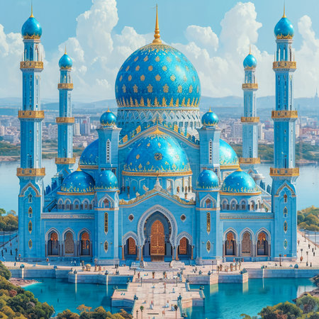 Panoramic Exterior of Sheikh Zayed Mosque with lights during blue hourの素材