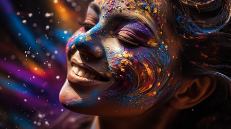 Laughing young woman with dry color powder Holi exploding around herの素材