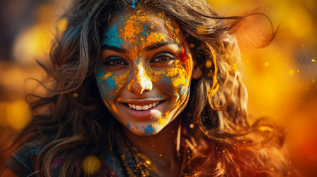Laughing young woman with dry color powder Holi exploding around herの素材
