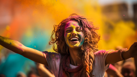 Laughing young woman with dry color powder Holi exploding around herの素材