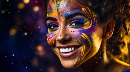 Laughing young woman with dry color powder Holi exploding around herの素材