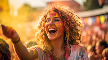 Laughing young woman with dry color powder Holi exploding around herの素材