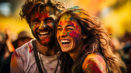 Laughing young woman with dry color powder Holi exploding around herの素材