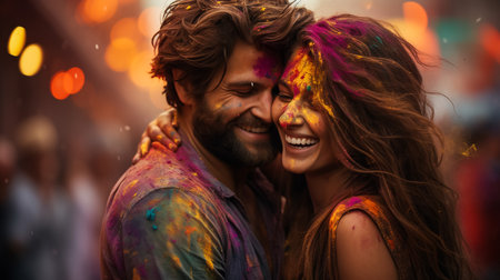 Laughing young woman with dry color powder Holi exploding around herの素材