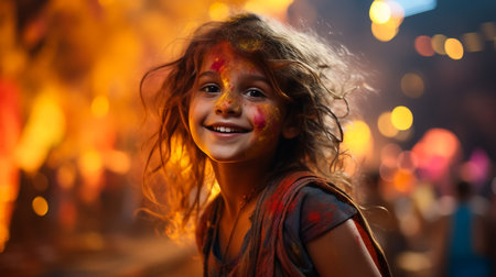 Portrait of a beautiful girl full of colored powder all over the bodyの素材