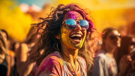 Laughing young woman with dry color powder Holi exploding around herの素材