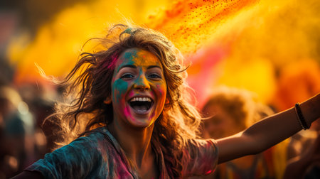 Laughing young woman with dry color powder Holi exploding around herの素材