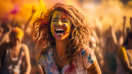 Portrait of a beautiful girl full of colored powder all over the bodyの素材
