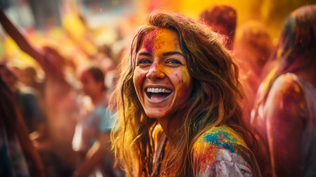 Laughing young woman with dry color powder Holi exploding around herの素材