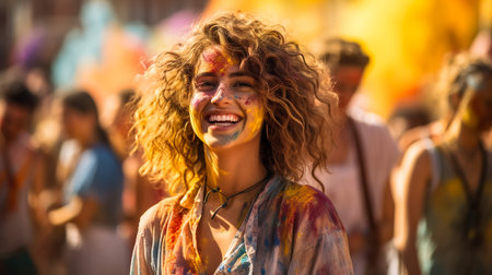Portrait of a beautiful girl full of colored powder all over the bodyの素材