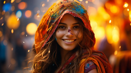 Portrait of a beautiful girl full of colored powder all over the bodyの素材
