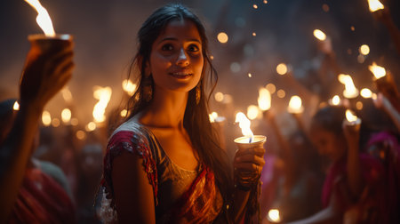 Portrait of a beautiful girl full of colored powder all over the bodyの素材