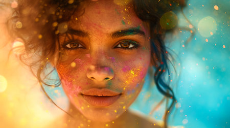 Young Indian woman celebrating holy festival isolated on white backgroundの素材