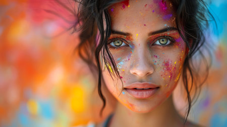 Young Indian woman celebrating holy festival isolated on white backgroundの素材