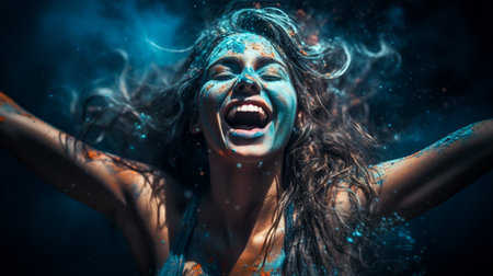 Holi Festival Of Colours. Portrait of happy indian girl in traditional hindu sari on holi color . india woman silver jewelry with powder paint on dress ,colorful pink and blue hair in Goa Keralaの素材