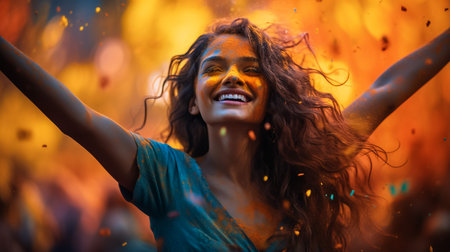 Beautiful joyful young woman celebrating Holi festival of colors, covered in rainbow colored powder with cyan sunglasses smiling at camera. Gorgeous party girl having fun with colorful powderの素材