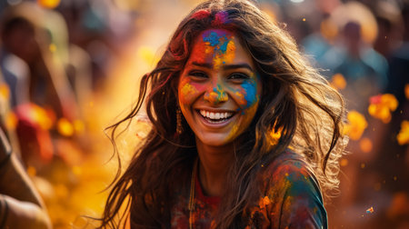 Beautiful joyful young woman celebrating Holi festival of colors, covered in rainbow colored powder with cyan sunglasses smiling at camera. Gorgeous party girl having fun with colorful powderの素材