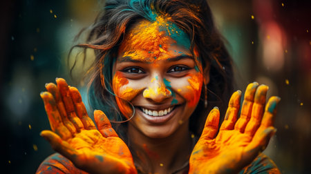 Beautiful joyful young woman celebrating Holi festival of colors, covered in rainbow colored powder with cyan sunglasses smiling at camera. Gorgeous party girl having fun with colorful powderの素材