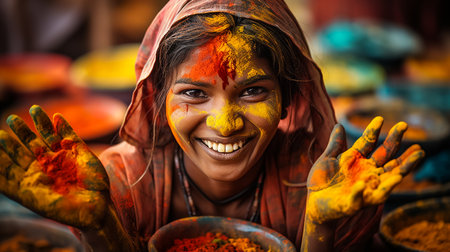 Beautiful joyful young woman celebrating Holi festival of colors, covered in rainbow colored powder with cyan sunglasses smiling at camera. Gorgeous party girl having fun with colorful powderの素材