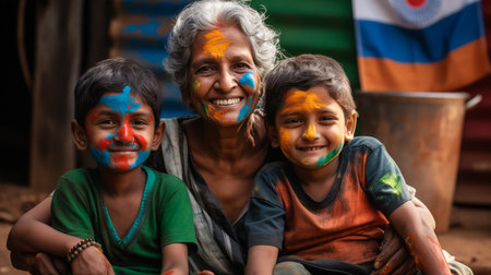Little boy plays with colors.Concept for Indian festival Holi.の素材