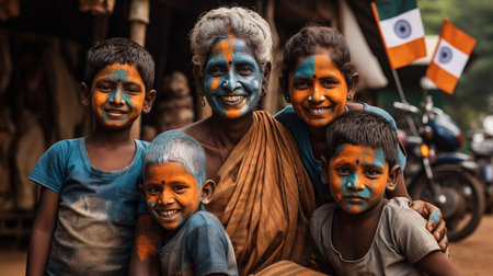 Holi celebrations - Group of kids playing Holi in India.の素材
