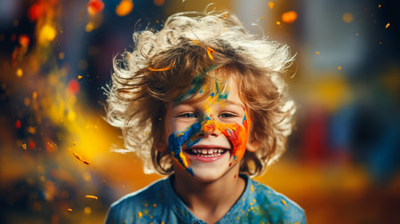 indian kids playing with colours or asian children celebrating holi - festival of coloursの素材