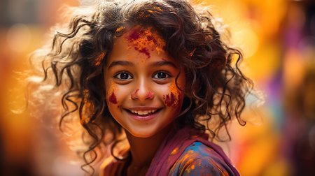 Portrait of Little Girl playing with Colors. Holi conceptの素材