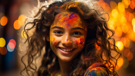 Indian child playing with the color in holi festivalの素材