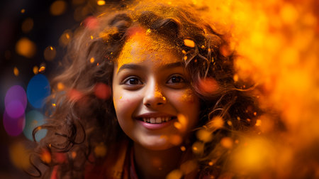 Indian child playing with the color in holi festivalの素材
