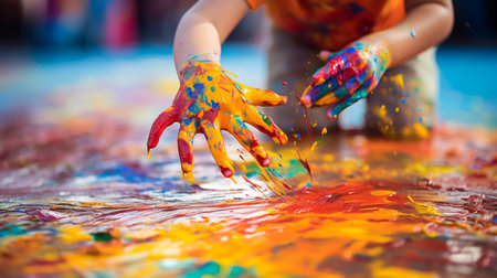 Young couple with their daughter celebrating Holi togetherの素材