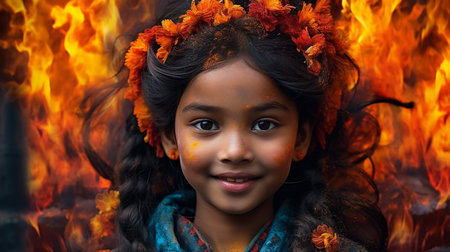 Young couple with their daughter celebrating Holi togetherの素材