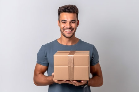 Portrait of happy Indian delivery man in red cap and T-shirt hold cardboard box isolated on beige studio background, Courier or Parcel Service conceptの素材