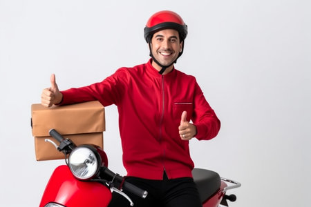 Young courier with thermal bag on color background, space for text. Food delivery service. Delivery guy in a red t-shirt uniform work as courier and holds red thermal food backpack. Service concept.の素材
