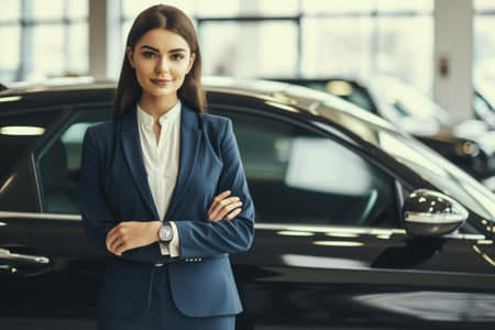 Professional young female dealer with clipboard smiling and looking at camera friendly while standing near modern automobile in car showroomの素材