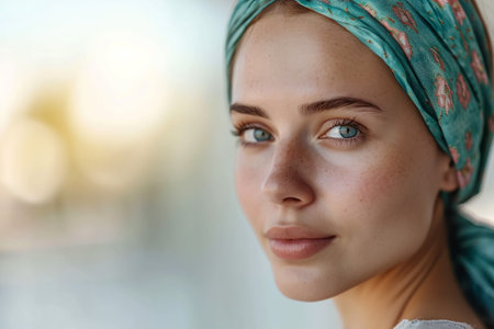 beautiful caucasian girl undergoing chemotherapy treatment for cancer in her kidneyの素材