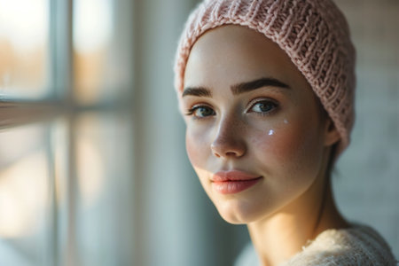 beautiful caucasian girl undergoing chemotherapy treatment for cancer in her kidneyの素材