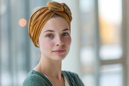 beautiful caucasian girl undergoing chemotherapy treatment for cancer in her kidneyの素材