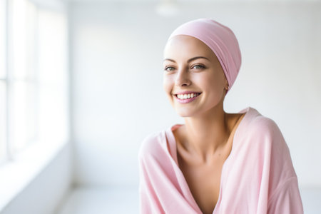 beautiful caucasian girl undergoing chemotherapy treatment for cancer in her kidneyの素材
