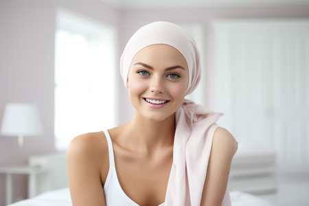 beautiful caucasian girl undergoing chemotherapy treatment for cancer in her kidneyの素材