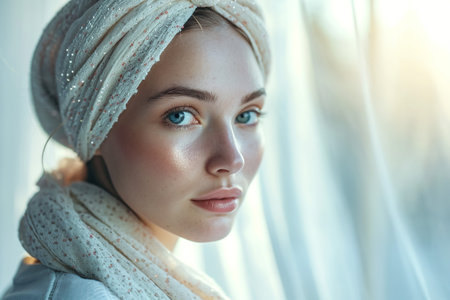 beautiful caucasian girl undergoing chemotherapy treatment for cancer in her kidneyの素材