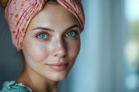 beautiful caucasian girl undergoing chemotherapy treatment for cancer in her kidneyの素材