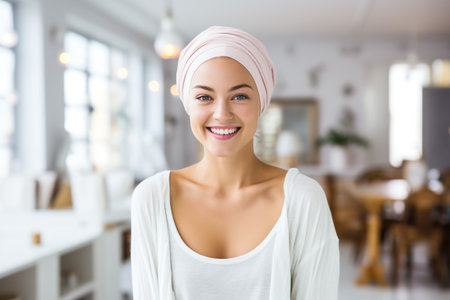 beautiful caucasian girl undergoing chemotherapy treatment for cancer in her kidneyの素材