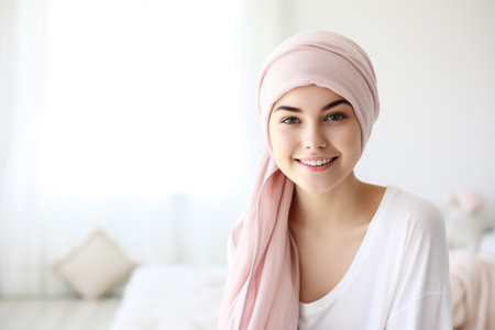 beautiful caucasian girl undergoing chemotherapy treatment for cancer in her kidneyの素材