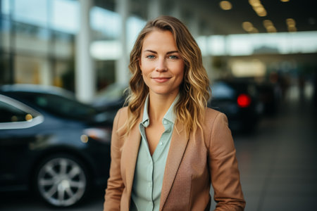 Smiling elegant woman with clipboard working in car showroom smiling friendly at cameraの素材