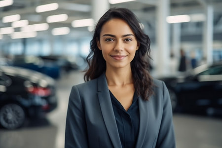 Smiling elegant woman with clipboard working in car showroom smiling friendly at cameraの素材