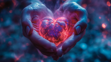 Glowing human heart in handsの素材