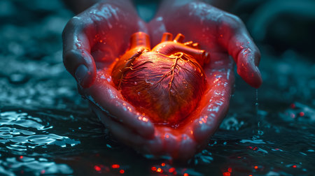 Glowing human heart in handsの素材