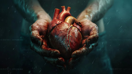 Glowing human heart in handsの素材