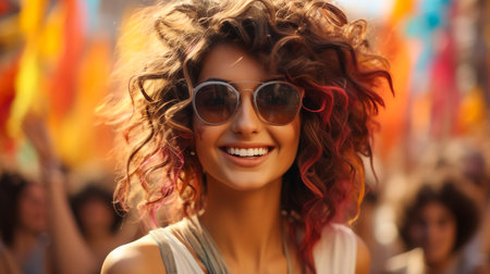 Holi Festival Of Colours. Portrait of happy indian girl in traditional hindu sari on holi color . india woman silver jewelry with powder paint on dress ,colorful pink and blue hair in Goa Keralaの素材